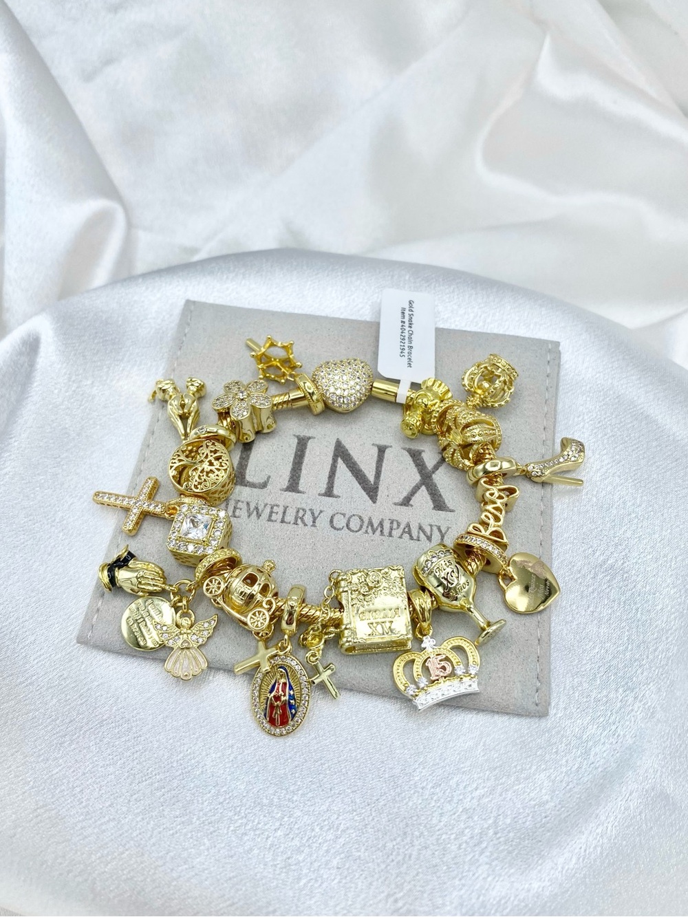 Linx Gold Snake Chain Charm Bracelet with Religious Quinceanera Themed Charms
